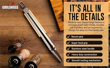 12" Tongs 18/0 Stainless Steel BBQ Grill Tongs with Ergonomic Real Oak Wood Handle for Cooking - Durable Grilling Accessory, Tongs for Cooking & Kitchen, Outdoor Barbecue, Easy to Clean
