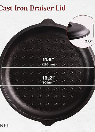 Cuisinel Cast Iron Lid - Fits 12"-Inch / 30.48-cm Lodge Skillet Frying Pans or Braiser + Silicone Handle Holder + Care Guide - Pre-Seasoned Replacement Cover - Indoor/Outdoor, Oven, Fire, BBQ Safe