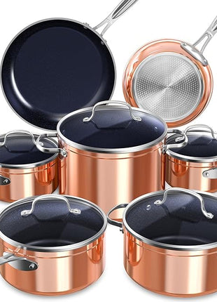 Nuwave Healthy Duralon Blue Ceramic Nonstick Cookware Set, Diamond Infused Scratch-Resistant, PFAS Free, Dishwasher & Oven Safe, Induction Ready & Evenly Heats,Tempered Glass Lids & Stay-Cool Handles