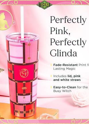 Dragon Glassware x WICKED Vacuum Insulated Tumbler with Lid and Straw - 24 oz Tumbler Cup with 2 Straws - Stainless Steel Tumbler with Straw for Water, Iced Tea - Wicked Glinda Tumbler