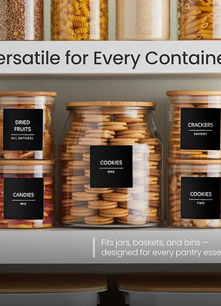 Talented Kitchen 144 Minimalist Pantry Labels – Preprinted White All-Caps on Matte Black Vinyl Stickers, Water-Resistant Adhesive Labels for Kitchen, Jars, Containers, Spices & Pantry Organization