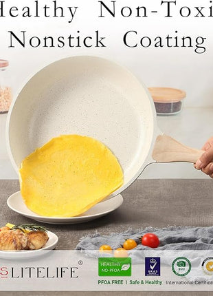 ESLITE LIFE Nonstick Ceramic Frying Pan Skillet, Non-Toxic Egg Omelette Kitchen Cooking Pans Compatible with All Stovetops (Gas, Electric & Induction), PTFE & PFOA Free (White, 9.5'')
