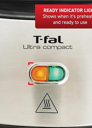 T-fal Compact Sandwich Maker, Stainless Steel, Easy to Clean, Indicator Lights, Cool Touch Handle, Grilled Cheese, Panini, 625 Watts, Black