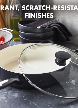 GreenPan Rio Healthy Ceramic Nonstick 5QT Saute Pan Jumbo Cooker with Helper Handle and Lid, PFAS-Free, Dishwasher Safe, Black