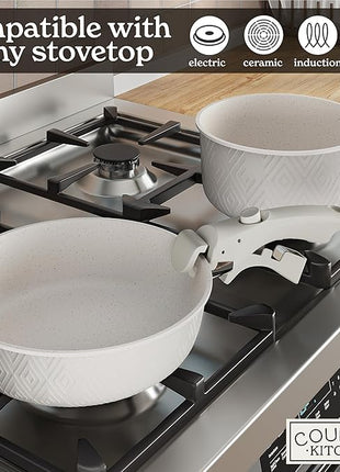 Country Kitchen Cookware Set with Removable Handle, Oven & RV Safe Pots and Pans Set, Cream Rhombus, Original