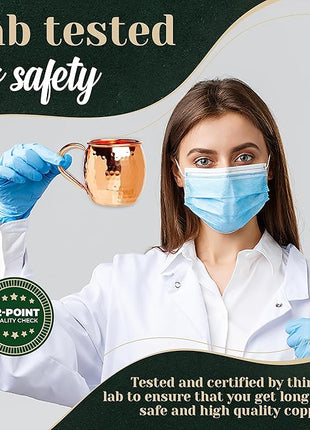 Moscow Mule Copper Mugs Set of 8 (16oz) | Food Grade 100% Pure Copper Cups | Handcrafted w/Lacquered Hammered Finish, Smooth Rounded Lip, Ergonomic Handle (No Rivet) w/Solid Grip