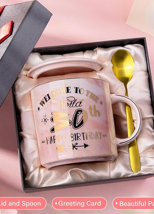 30th Birthday Gifts for Women, Unique Happy 30 Year Old Birthday Gifts Ideas for Women, Wife, Mom, Daughter, Sister, Aunt, Best Friends, BFF, 14Oz Fabulous Pink Marble Mug with Gold Pattern, Gift Box