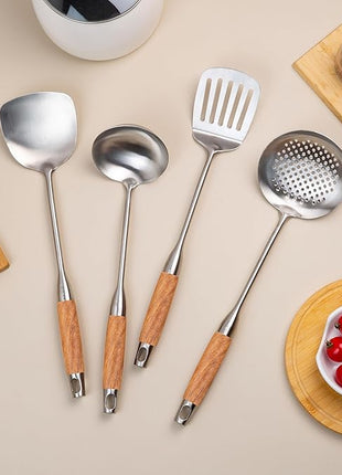 FJNATINH Wok Utensils - Wok Spatula Metal Set, 4-Pieces 14-15 Inch Extra Long, Wok Tools Professional Set, Wooden Handle Skimmer, Soup Ladle, Slotted Turner
