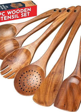 Teak Wooden Utensil Set 6-Piece - Smooth Finish Wooden Spoons for Cooking - Comfortable Grip, Non Scratch Premium Kitchen Wooden Cooking Utensils Set Teak Wood Cooking Utensils