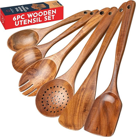 Teak Wooden Utensil Set 6-Piece - Smooth Finish Wooden Spoons for Cooking - Comfortable Grip, Non Scratch Premium Kitchen Wooden Cooking Utensils Set Teak Wood Cooking Utensils