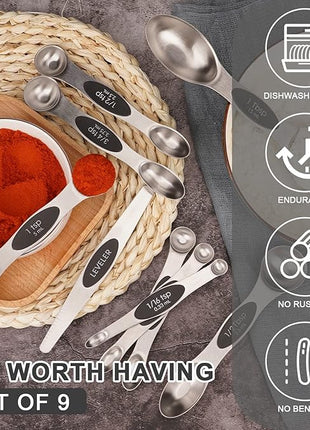Aovchei 9 PCS Magnetic Measuring Spoons Set, Dual Sided, Stainless Steel Small Tablespoon, Teaspoons, Fits in Spice Jars, for Dry and Liquid, Black