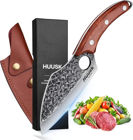 Huusk Hand Forged Meat Cleaver - Butcher Knife for Meat Cutting, Japanese Kitchen Viking Knife with Sheath, Cooking Knives for Kitchen and Outdoor Camping, Thanksgiving Christmas Gifts