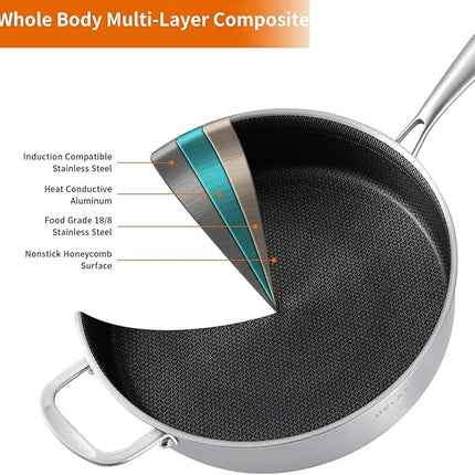 DELARLO Frying Pan,12 inch Tri-Ply Stainless Steel Skillet,6 Quart Saute Pan with lid, Compatible with All Cooktops,Oven Up to 660℉,Chicken Fryer,Dishwasher-Friendly