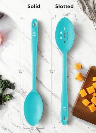 DI ORO Silicone Cooking Spoons - Large Mixing, Serving & Stirring - 600F Heat-Resistant Non-Stick - Big Solid & Slotted Basting Spoons - Dishwasher Safe (2pc, Teal)