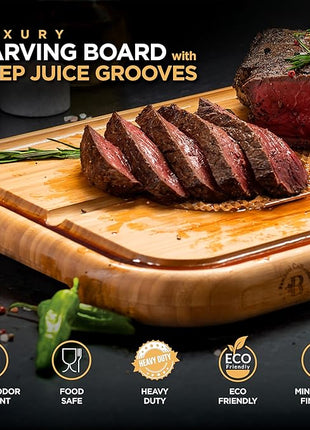 Turkey Platter for Thanksgiving - 18x12 Reversible Bamboo Carving Cutting Board for BBQ or Grilling - Heavy Duty Butcher Block with Deep Juice Groove, Spikes, Grid Grip - Large Kitchen Christmas Gift