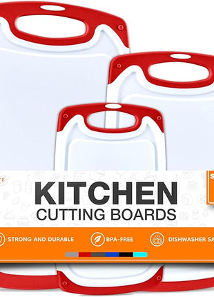 Cutting Boards for Kitchen - BPA-Free Chopping Board - Different Sizes & Non Slip Handles - Reversible, Large Cutting Board Set - Unique Gifts for Cooks Who Have Everything - 3-Pack Red