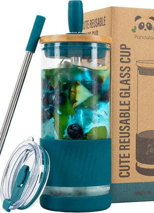 Pandaloo® Glass Cups With Lids and Straws -20 Fl Oz- Perfect Size Iced Coffee Cup - Smoothie Cup With Bamboo Lid and On the go Lid - Glass Tumbler With Straw (1 Count (Pack of 1), Intense Teal)