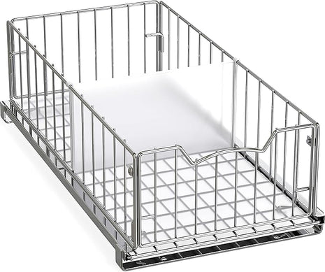 Simple Houseware Pull-Out Cabinet Sliding Basket Organizer, 17.2" D x 9.7" W x 5" H – Chrome Finished, Ideal for Kitchen and Bathroom Cabinet Storage, Under Sink or Pantry Organization