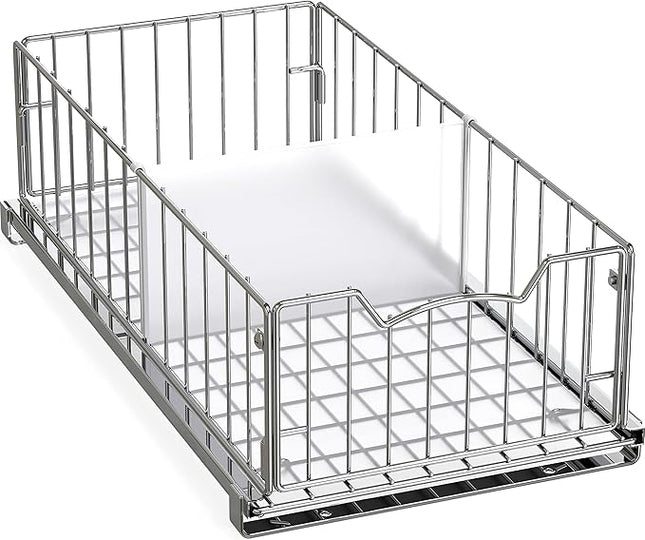 Simple Houseware Pull-Out Cabinet Sliding Basket Organizer, 17.2" D x 9.7" W x 5" H – Chrome Finished, Ideal for Kitchen and Bathroom Cabinet Storage, Under Sink or Pantry Organization