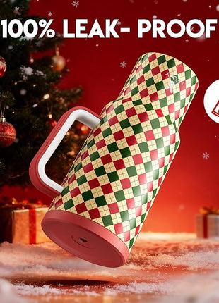 Meoky 40 oz Christmas Tumbler with Handle and Straw, Xmas Tumbler with Lid and Straw, Insulated Stainless Steel Travel Mug, Christmas Gifts for Women Men Adults (Winter Plaid)