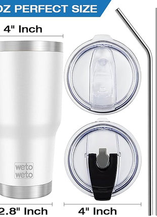 WETOWETO 30 oz Stainless Steel Tumbler, Insulated Coffee Tumbler Cup with 2 Lids and 2 Straws, Double Walled Travel Coffee Mug for Hot & Cold Drinks (White, 1 Pack)