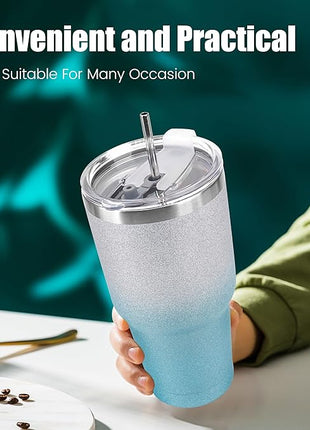 D·S 30 oz Tumbler Blue Glitter Gradient Cup Stainless Steel Double Wall Vacuum Insulated Mug with Straw and Lid, Cleaning Brush for Cold and Hot Beverages
