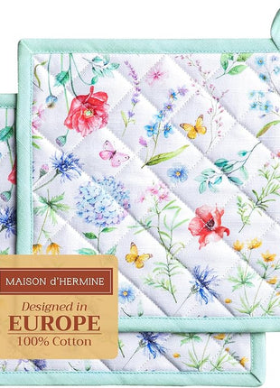 Maison d' Hermine Pot Holders Set 100% Cotton Heat Resistant Potholders 8" x 8" Hot Pads with Loop BBQ, Cooking, Baking, Grilling, Kitchen, Handling Hot Pans Spring/Summer (Pack of 2, Just Floral)