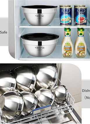 YIHONG 7 Piece Metal Mixing Bowls with Lids for Kitchen, Stainless Steel Set Ideal for Baking, Prepping, Cooking and Serving Food, Nesting Design for Space Saving Storage(Black)