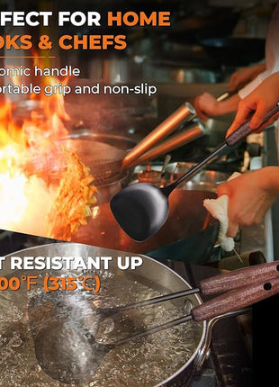 MARTE 15" Wok Spatula Turner and Ladle,Skimmer Spoon Tool Set - 18/10 Stainless Steel Vintage Cooking Utensils Set - Set of 4 High Grade Titanium Plating Kitchen Wok Utensils with Solid Wooden Handle