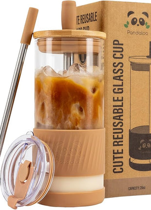 Pandaloo® Glass Cups With Lids and Straws -20 Fl Oz- Perfect Size Iced Coffee Cup - Smoothie Cup With Bamboo Lid and On the go Lid - Glass Tumbler With Straw (1 Count (Pack of 1), Amber Sand)