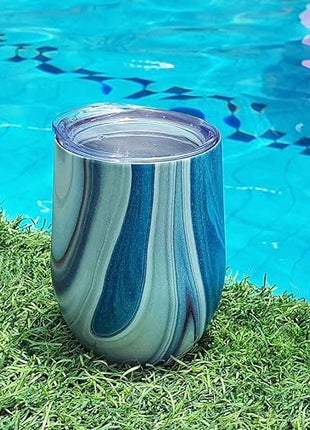 CHILLOUT LIFE 12 oz Stainless Steel Wine Tumblers 4 Pack - Double Wall Vacuum Insulated Wine Glasses Cups with Lids and Straws Set Keeping Cold & Hot for Coffee, Beer, Ice Cream - Ocean Marble Pattern