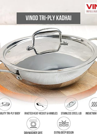 Vinod Platinum Triply Stainless Steel Kadai | Suitable For Indian Cooking, Sauces, Stews, Soups | Extra Deep Kadai With Lid | Induction, Electric Friendly (22cm)
