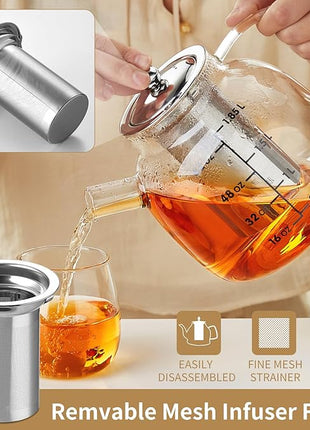 68OZ Glass Teapot Tea Pot With Infuser, Glass Kettle For Stove Top, Tea Glass Pot, 2000ML Glass Tea Cup With Infuser And Lid For Loose Leaf Tea Steeper, Dishwasher Safe