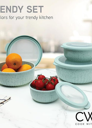 COOK WITH COLOR Prep Bowls with Lids- Wide and Deep Nesting Plastic Small Mixing Bowl Set with Lids, 8 Piece Set - Wide Bowls, Speckled Mint