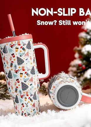 Meoky 40 oz Christmas Tumbler with Handle and Straw, Xmas Tumbler with Lid and Straw, Insulated Stainless Steel Travel Mug, Christmas Gifts for Women Men Adults (Snowy Fir)