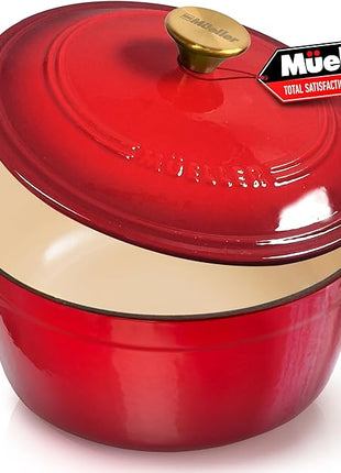 Mueller 6qt Enameled Cast Iron Dutch Oven, Heavy-Duty Casserole and Braiser Pan with Lid and Knob, Oven-Safe up to 500° F & Across All Cooktops, Red