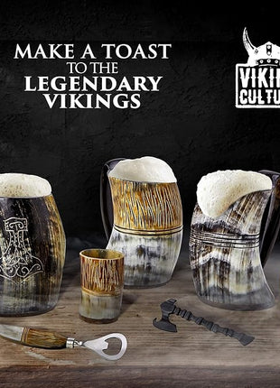 Viking Culture Ox Horn Mug, Shot Glass, and Axe Bottle Opener (3 Pc. Set) Authentic 16-oz. Ale, Mead, and Beer Tankard | Vintage Stein with Handle | Custom Intricate Design - Natural Finish | The Jarl