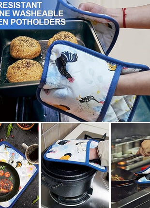 Pot Holders Set of 2 Heat Resistant 480℉ Kitchen 100% Cotton Comfortable Lining Printing Fox Flower Women Men Home Cooking Baking Microwave BBQ Gift (Rooster potholder)