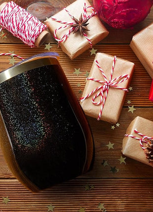 MEWAY 12oz/16 Pack Wine Tumbler Glasses with Lid - Stemless Double Wall Vacuum Stainless Steel Glitter Tumbler - Keeping Cold & Hot Cup for Coffee,Gift for Women(Rainbow Black,Set of 16)