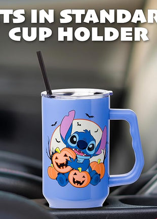 Silver Buffalo Disney Lilo and Stitch Halloween Spooky Pumpkin Jack-O-Lantern Stainless Steel Tumbler with Handle and Straw, Fits in Standard Cup Holder, 40 Ounces