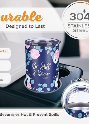Christian Art Gifts Stainless Steel Double-Wall Vacuum Insulated Travel Mug 18 oz Navy Blue with Pink Floral Tumbler with Lid for Women with Inspirational Bible Verse - Be Still & Know -Psalm 46:10