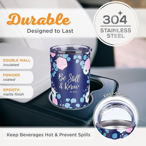Christian Art Gifts Stainless Steel Double-Wall Vacuum Insulated Travel Mug 18 oz Navy Blue with Pink Floral Tumbler with Lid for Women with Inspirational Bible Verse - Be Still & Know -Psalm 46:10
