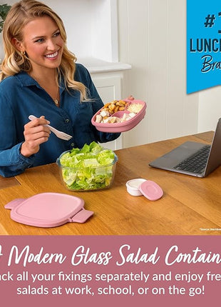Bentgo Glass All-in-One Salad Container - Large 61-oz Salad Bowl with Lid, 4-Compartment Bento-Style Tray, 3-oz Sauce Container, and Reusable Fork - Dishwasher, Microwave, and Oven Safe (Rose)