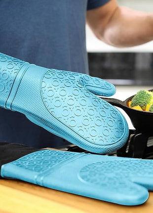 BPA-Free Soft Silicone Oven Mitts - Ultra Heat Resistant Oven Mitts with Thick Cotton Liner - Extra Long Slip Resistant Pot Holders, Flexible Oven Gloves - Aqua/Black 14.7"