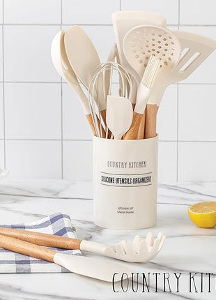 Country Kitchen Non Stick Silicone Utensil Set with Rounded Wood Handles for Cooking and Baking, 14 Piece Set, Khaki