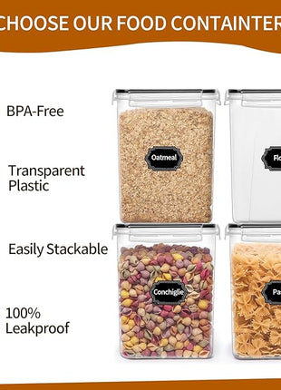 4 Pack Large Airtight Food Storage Containers with Lids (5.2L / 176oz), BPA Free Plastic Kitchen and Pantry Organization Contianers for Cereal Flour and Sugar Storage, Labels & Marker