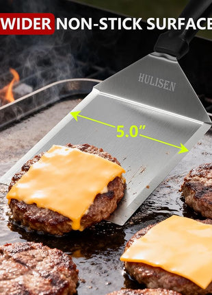 HULISEN Stainless Steel Large Grill Spatula - 6 x 5 Inch Heavy-Duty Metal Spatula with Cutting Edges, Kitchen Griddle Accessories, Smashed Burger Turner Scraper for BBQ Grill and Flat Top Griddle