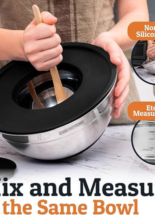 Priority Chef 6Pc Large Mixing Bowls With Lids Set with Non-Slip Bases, Stainless Steel Mixing Bowl Set, 6 Airtight Lids and 3 Graters, Black