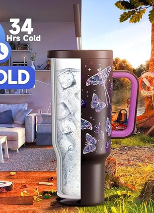 Meoky 40 oz Glow in the Dark Tumbler with Handle and Straw, Tumbler with Lid and Straw, Insulated Stainless Steel Travel Mug, 100% Leak-proof, Keeps Cold for 34 Hours (Butterfly)