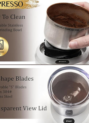 Mixpresso Electric Coffee Grinder 12 Cup Capacity, 304 Stainless Steel Blade, Espresso Bean Grinder, Removable Chamber, Coffee Grinder Electric with 5 Presets For Spices & More